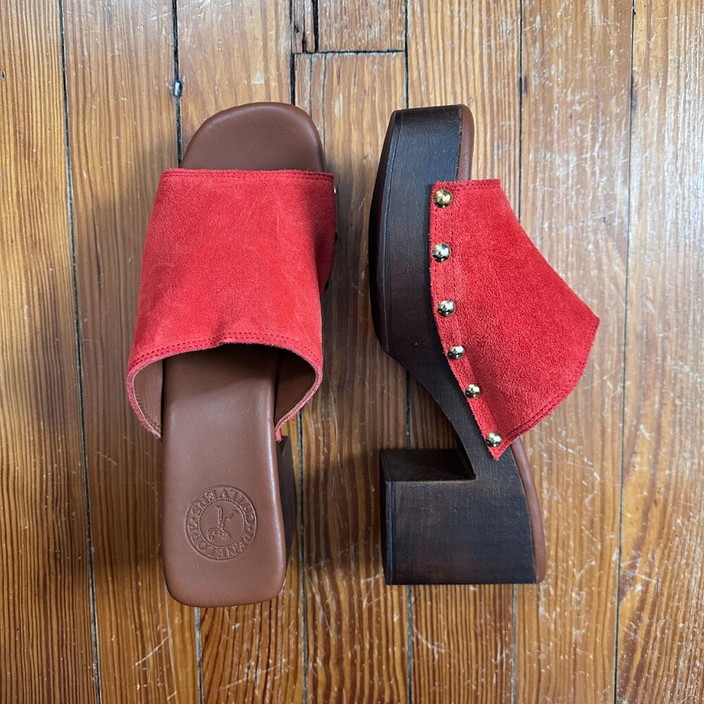 Penelope Chilvers Red Mules with Gold Accents